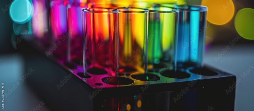 Colorful Science Tubes In Black Container Red Green Orange Yellow Blue And Purple Colorful Science Tubes In Black Container Red Green Orange Yellow Blue And Purple