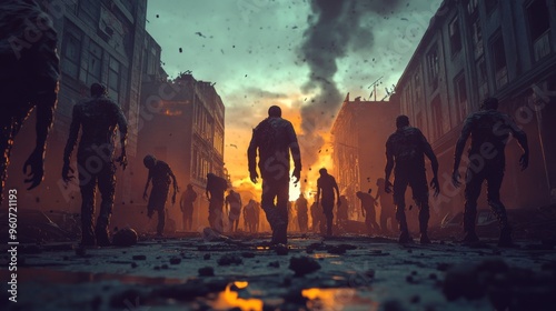 A horde of zombies walking through a post-apocalyptic city street.