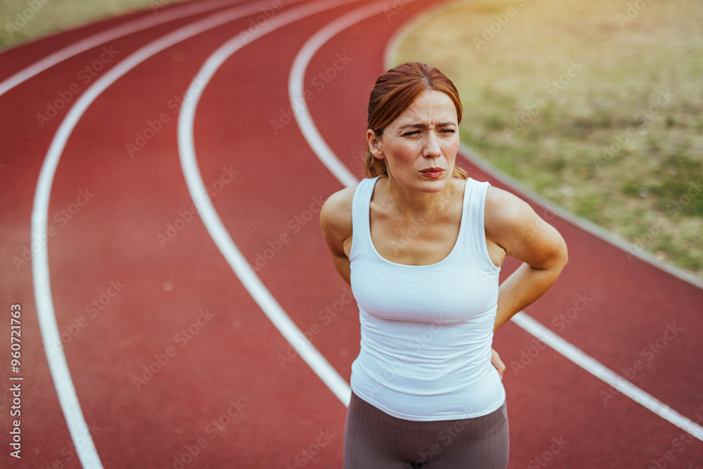 Back pain, fitness and athlete with injury problem in a stadium due to outdoor exercise, training or workout. Hurt, inflammation and person with muscle strain, ache or body tension by the spine Back pain, fitness and athlete with injury problem in a stadium due to outdoor exercise, training or workout. Hurt, inflammation and person with muscle strain, ache or body tension by the spine
