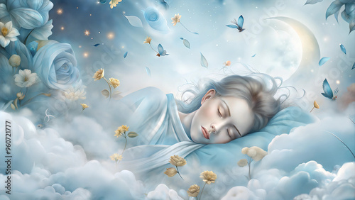 Sleeping girl in a dreamy atmosphere with soft colors and serene elements photo