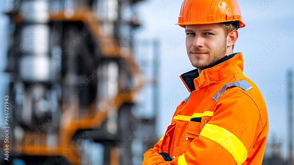 A confident worker in an orange safety suit and helmet stands at an industrial site, showcasing safety gear and professionalism. A confident worker in an orange safety suit and helmet stands at an industrial site, showcasing safety gear and professionalism.