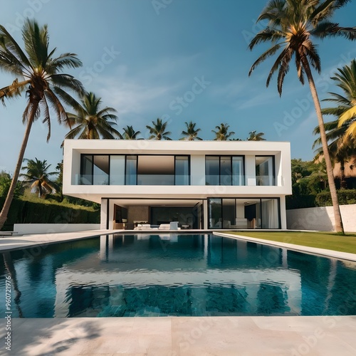 Amazing modern minimalist cubic villa with large swimming pool among palm trees.