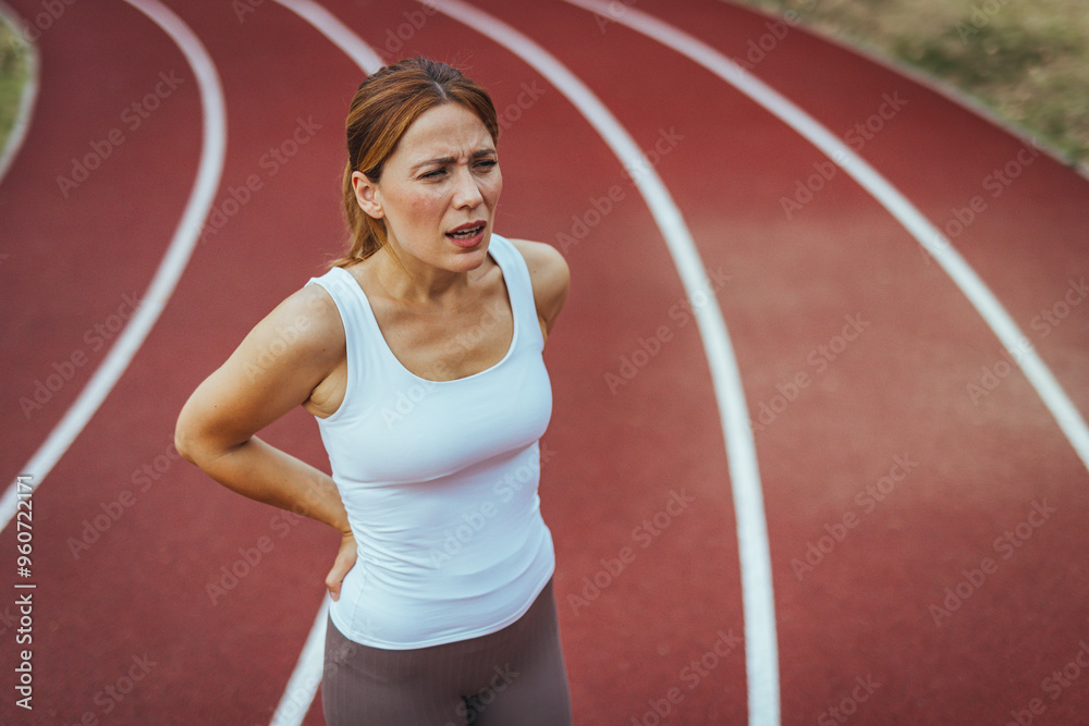Back pain - woman having painful muscle injury in lower back. Back pain during sports. Young woman with an athletic figure and a lower back injury. Back pain - woman having painful muscle injury in lower back. Back pain during sports. Young woman with an athletic figure and a lower back injury.