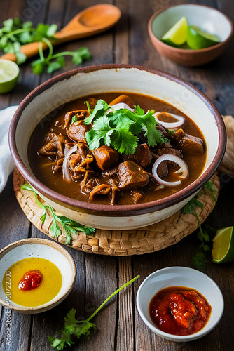 Traditional caldo de feijão in a ceramic bowl on a wooden table.