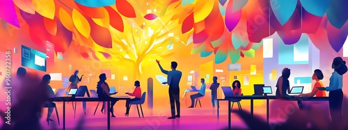 A vibrant illustration of diverse people working together in an open office, surrounded by digital trees and charts symbolizing innovation and collaboration