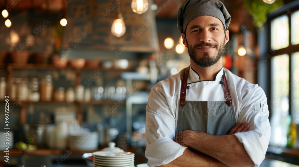 Confident male chef in restaurant kitchen with plates, showcasing culinary arts and food preparation Confident male chef in restaurant kitchen with plates, showcasing culinary arts and food preparation