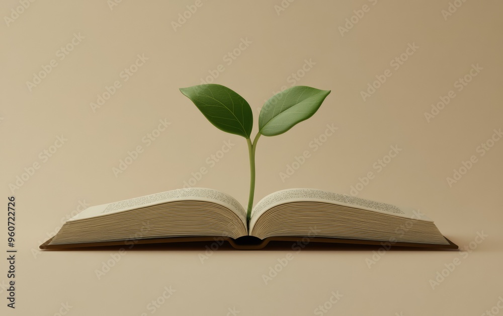 3D visual of a small green plant emerging from an open book on pastel background – sustainability, education, modern design 3D visual of a small green plant emerging from an open book on pastel background – sustainability, education, modern design