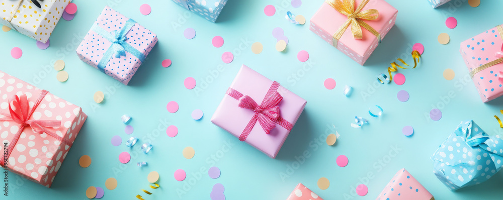 A playful background with scattered gift boxes of different sizes, wrapped in colorful polka dot paper, on a soft, pastel-colored surface with confetti and streamers.