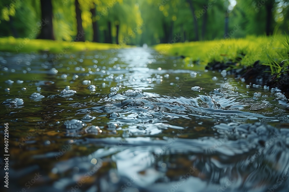 Fototapeta premium Clean water in forest river flows and sparkles, close up. Reflecting sunlight in water, against blurred lush forest greenery, trees and grass, with copy space. Concept of clean rivers and lakes