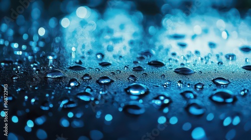 macro shot of bluetinted raindrops falling onto reflective surface photo