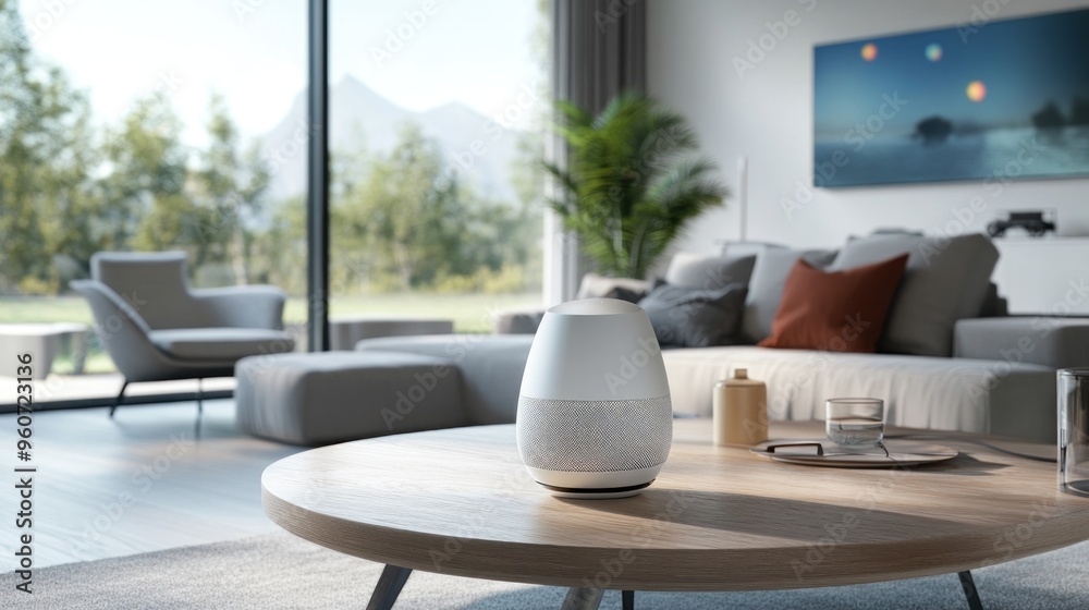 Smart Speaker on a Coffee Table in a Modern Living Room Smart Speaker on a Coffee Table in a Modern Living Room