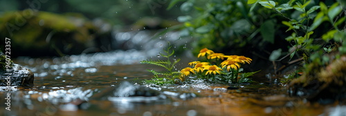 Transparent sparkling water of clean river, greenery and yellow flowers on shore. Banner with copy space. Concept of clean rivers and lakes