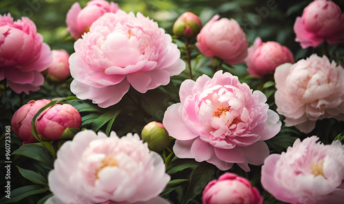 A blooming garden of peonies with bright colors against a backdrop of greenery