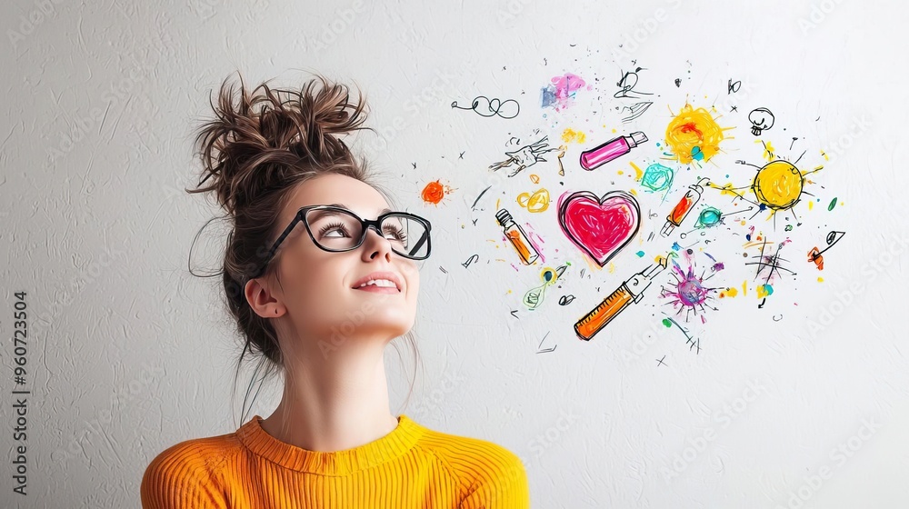 A creative young woman in glasses smiles while colorful doodles and symbols float around her, symbolizing inspiration and ideas. A creative young woman in glasses smiles while colorful doodles and symbols float around her, symbolizing inspiration and ideas.