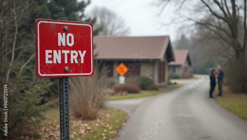 Restricted Zone No Entry Sign with Barrier in Background