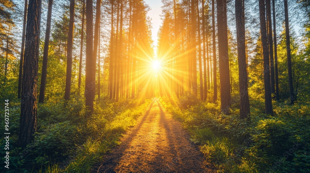 Obraz premium Springtime silence in the forest with the sun shining brightly