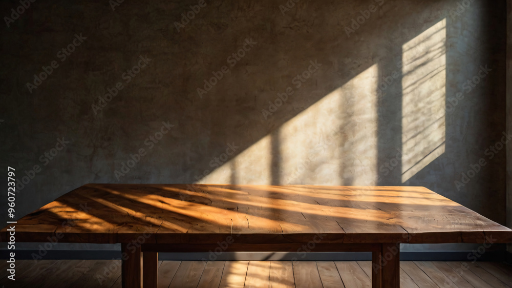 Empty dark wooden table with abstract light from leaf shadow on the wall Empty dark wooden table with abstract light from leaf shadow on the wall