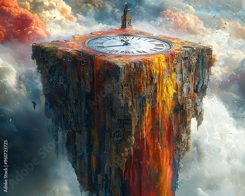A surreal scene of a clock melting over the edge of a floating cube, hanging in an abstract sky with vibrant colors