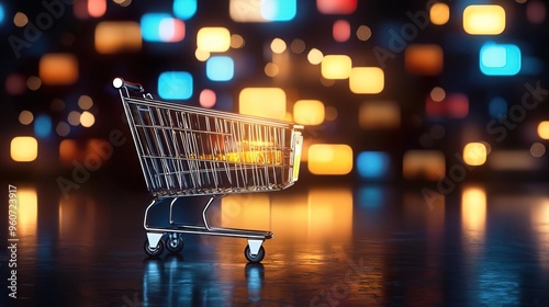 A stylish shopping cart illuminated against a vibrant, blurred background, perfect for retail and ecommerce themes.