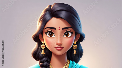 Dream indian cartoon character young adult woman girl person portrait in 3d style design