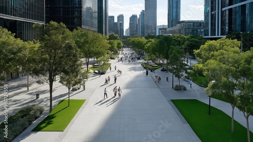 Busy urban plaza framed by modern high-rise buildings and lush green spaces. AI generated