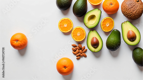 Beautiful natural fruits and nuts on white background for elegant design