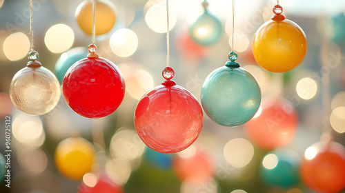 Colorful glass ornaments hanging in festive decor, creating a cheerful atmosphere during the holiday season