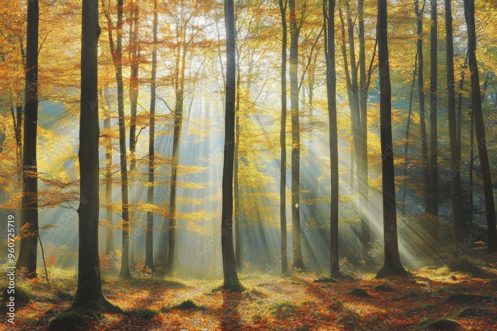 Obraz premium A beautiful autumn landscape - golden leaves and sun rays