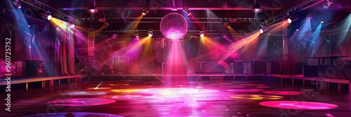 A large dance floor with bright lights and a disco ball photo