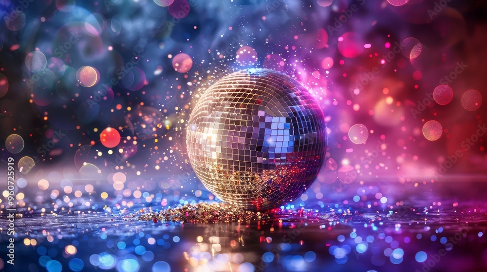 Obraz premium A disco ball is sitting on a table with a lot of sparkles around it