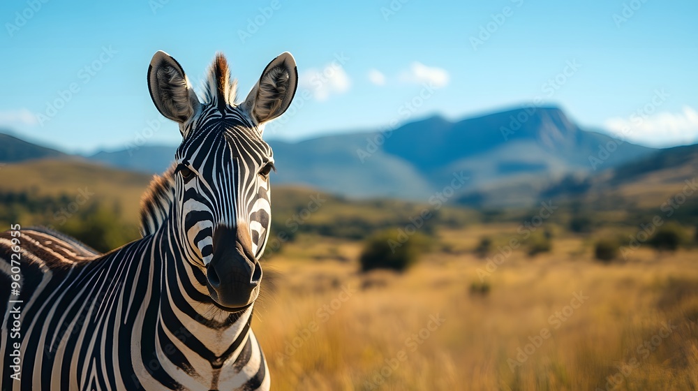 Naklejka premium 山の背景に立つシマウマ