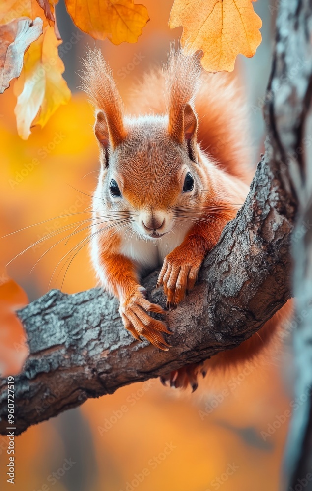 Beautiful fluffy red squirrel sitting in autumn park on oak tree with golden foliage Beautiful fluffy red squirrel sitting in autumn park on oak tree with golden foliage