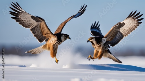 Two birds of prey in mid-flight with extended wings and fully spread wingspans against a clear blue background. photo