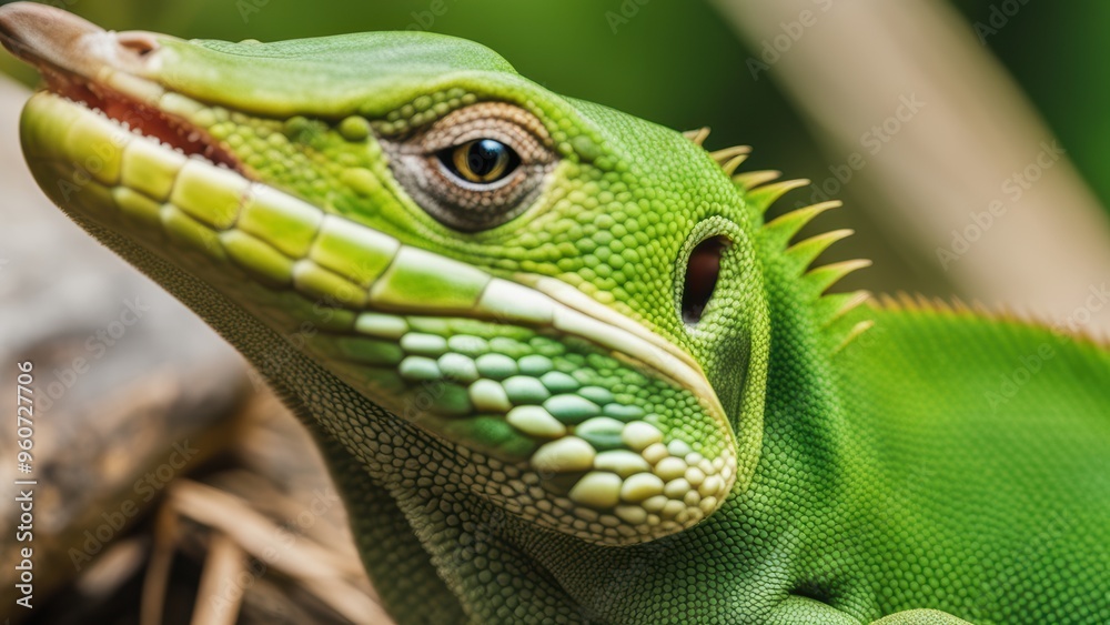 A brightly colored iguana sits upright on a branch its eyes open and alert amidst a blurred natural background. A brightly colored iguana sits upright on a branch its eyes open and alert amidst a blurred natural background.
