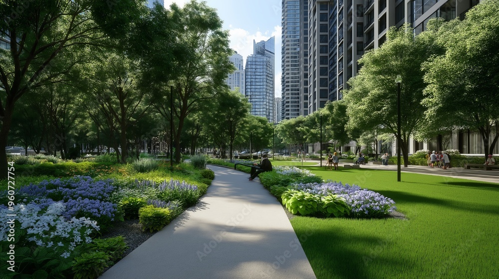 City park surrounded by towering buildings, trees, flowers, walking paths. Nature and urban elements. AI generated City park surrounded by towering buildings, trees, flowers, walking paths. Nature and urban elements. AI generated