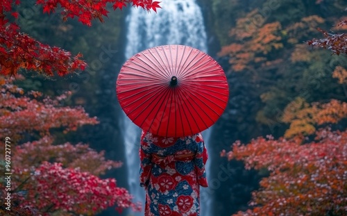 The red umbrella on the red bridge in Minoh waterfall park with an autumn red and yellow backdrop is a pre-wedding photo for a Japanese couple photo