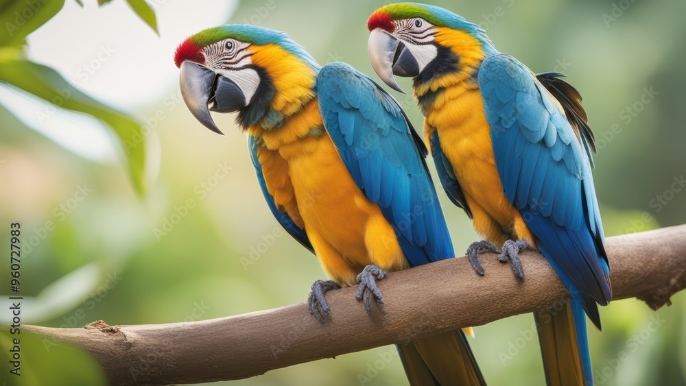 Two macaws perched on a branch looking towards the camera with vibrant blue and yellow feathers in a blurred natural setting. Two macaws perched on a branch looking towards the camera with vibrant blue and yellow feathers in a blurred natural setting.