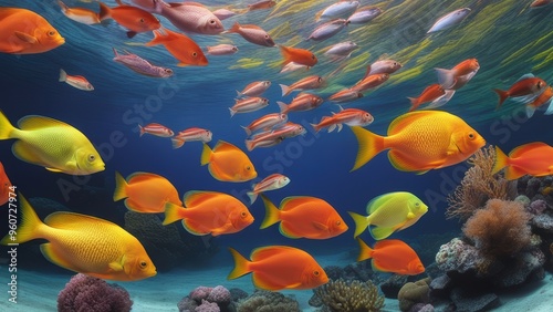 Vibrant underwater scene with yellow school fish colorful larger fish and coral formations in clear blue water. photo