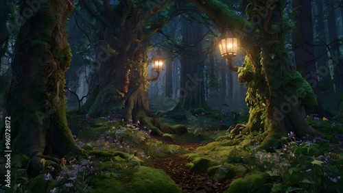 A mysterious forest with ancient trees draped in moss, illuminated by lanterns hanging from branches. A path winds through the undergrowth, leading deeper into the woods