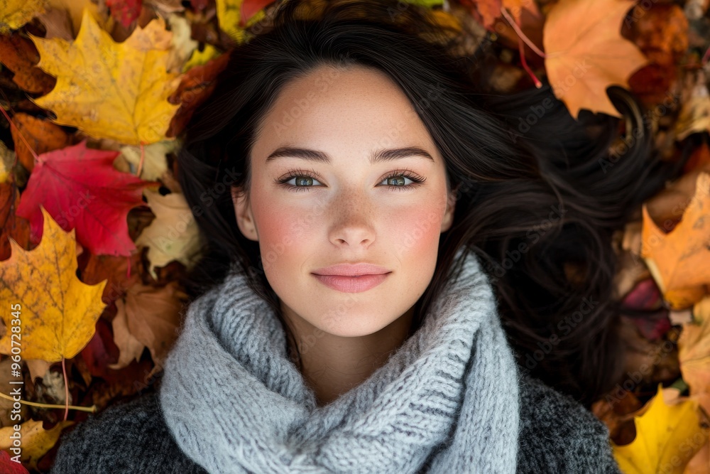 An Asian woman lies down on a yellow autumn leaf while her eyes are closed An Asian woman lies down on a yellow autumn leaf while her eyes are closed