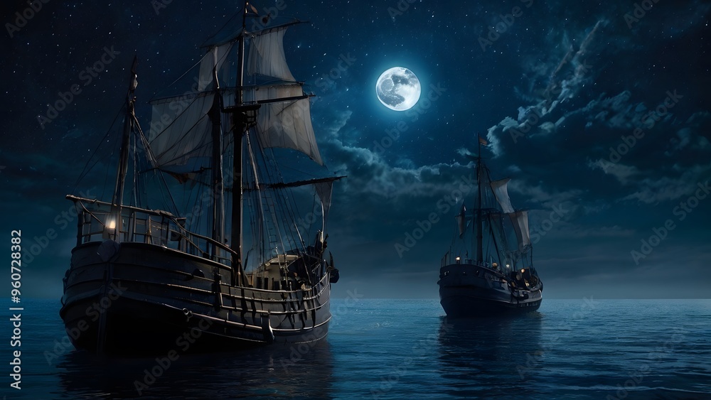 A detailed depiction of historical ships, sailing under a starry night sky. The moonlight illuminates the rigging and sails A detailed depiction of historical ships, sailing under a starry night sky. The moonlight illuminates the rigging and sails