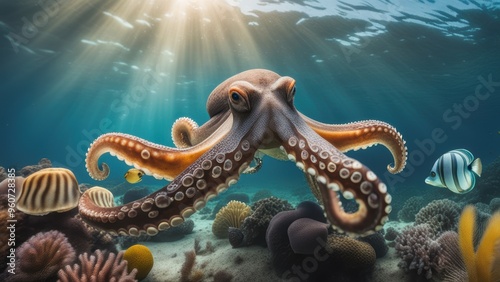 Octopus in foreground with eight tentacles surrounded by various sea creatures in clear ocean water.