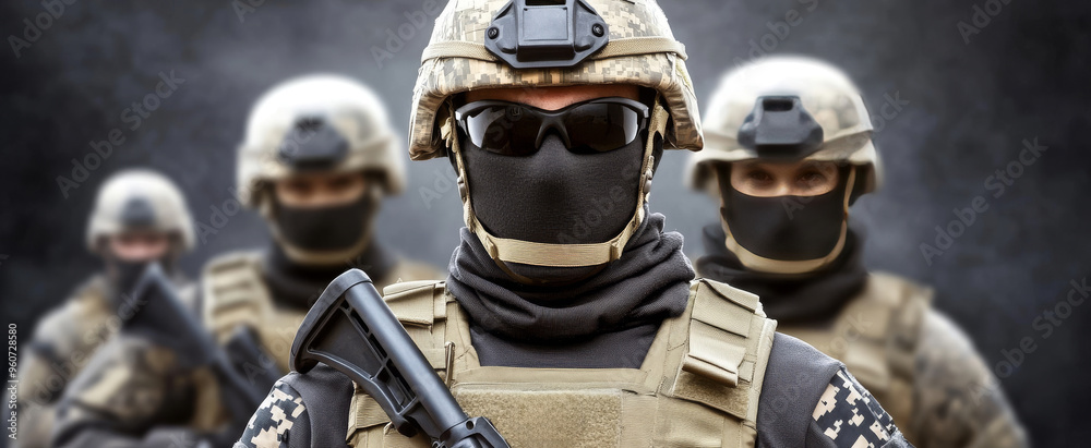 Group of special forces soldiers in black and gray camouflage with tactical helmets and masks Group of special forces soldiers in black and gray camouflage with tactical helmets and masks