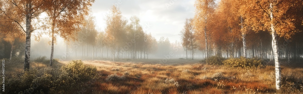 An autumn forest in the fog, autumn trees in the haze, 3D rendering An autumn forest in the fog, autumn trees in the haze, 3D rendering