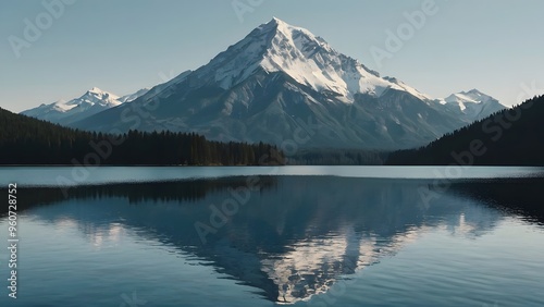 A panoramic view of a snow-capped mountain reflected in a crystal-clear lake. The surrounding forest is lush green, and the sky is a clear blue