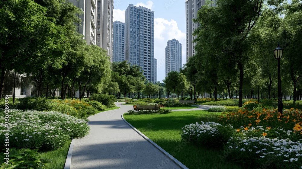 City park surrounded by towering buildings, trees, flowers, walking paths. Nature and urban elements. AI generated City park surrounded by towering buildings, trees, flowers, walking paths. Nature and urban elements. AI generated