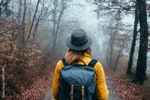 Walking on a footpath in autumn fog. Woman tourist with cowboy hat and backpack