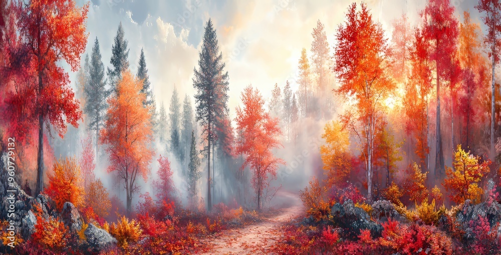 The rays of sunshine beautifully illuminate the wafts of mist and paint stunning colors into the trees in this magical autumn scene in a dreamy forest