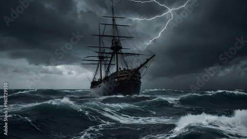 monochrome art a dramatic depiction of a ship caught in a storm, with dark clouds, crashing waves, and a lightning strike illuminating the scene