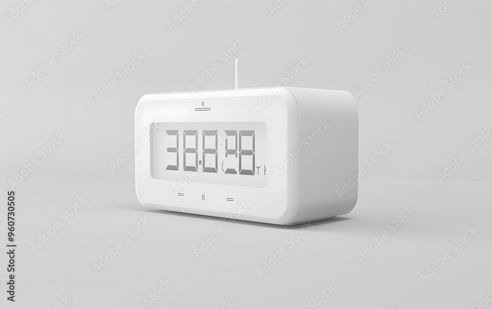 A side view 3D render of a white digital alarm clock with a simple design, on an isolated background. The high key lighting accentuates the clock smooth surface and minimalist features. A side view 3D render of a white digital alarm clock with a simple design, on an isolated background. The high key lighting accentuates the clock smooth surface and minimalist features.